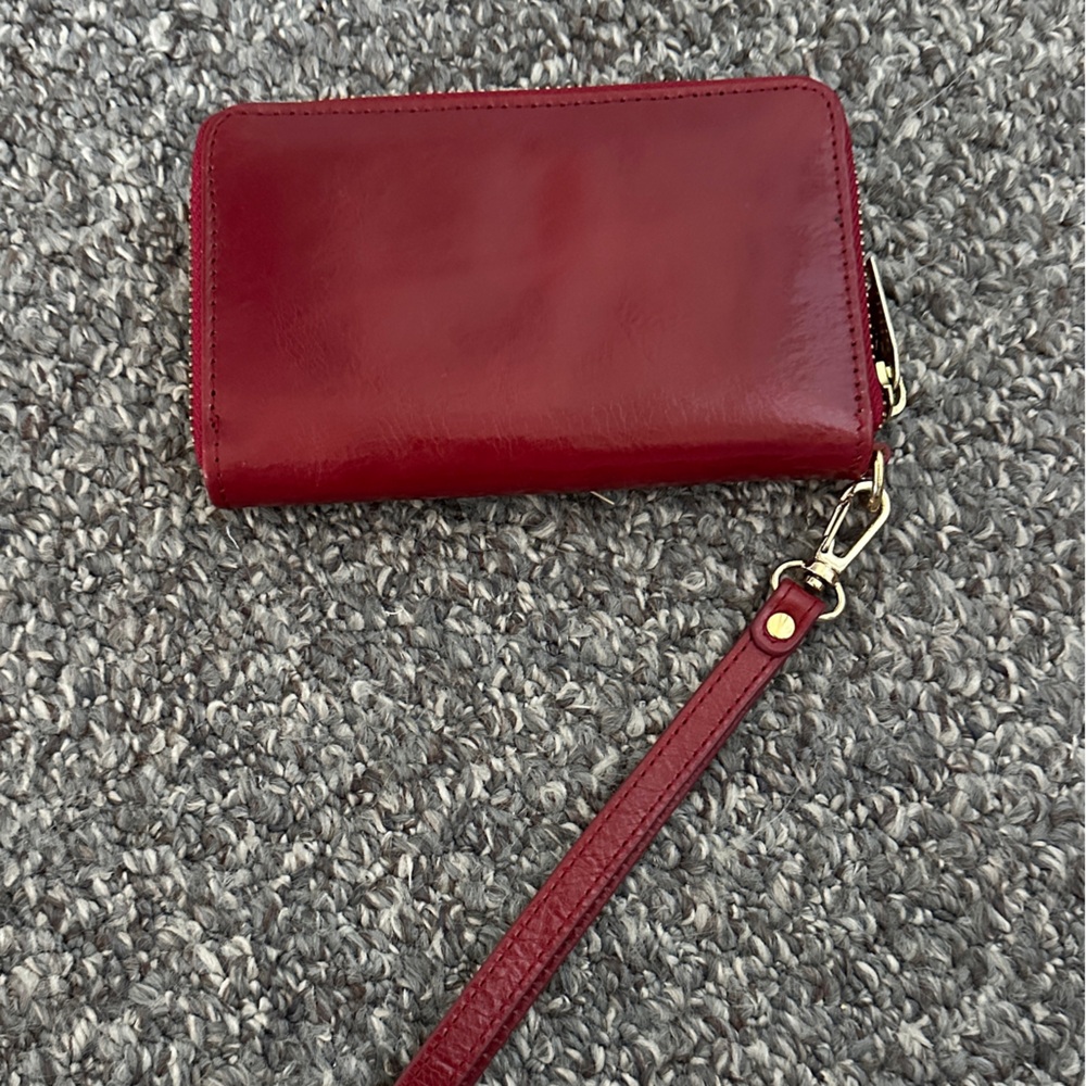 Scully Red and Gold Leather Wristlet/ wallet. Many pockets.